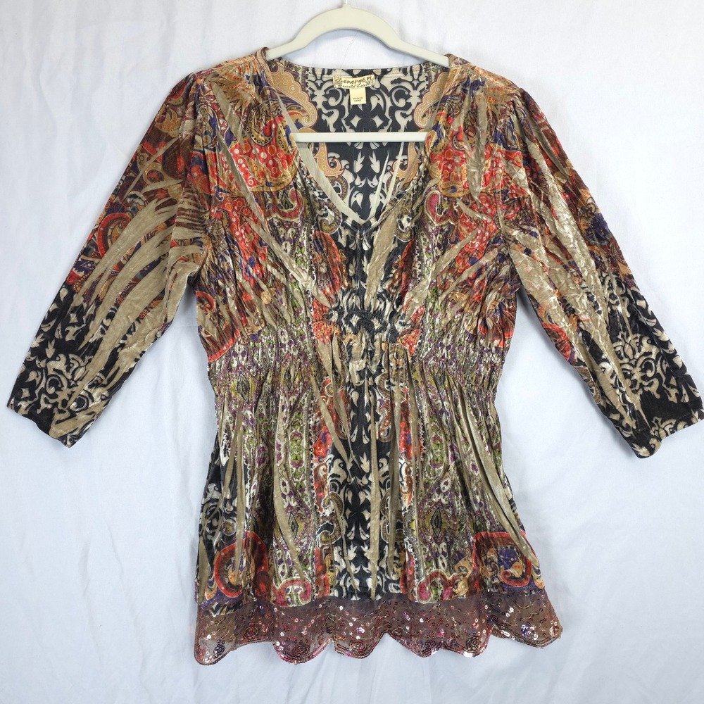 Energe‎ Velvet Burnout Paisley Top Sequin Hem Women LP 3/4 Sleeve Romantic Boho